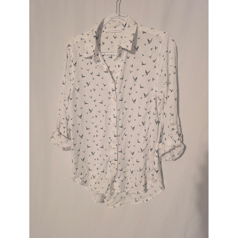 Jane + Delancey Womens Medium White Navy Blue Bird Print Button Down Shirt Top